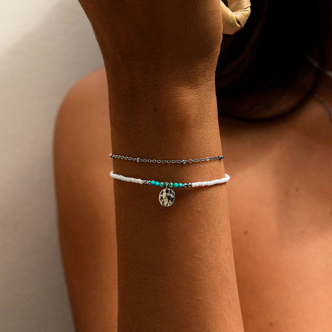 Formentera Turquoise and White Seed Bead Bracelet - Silver