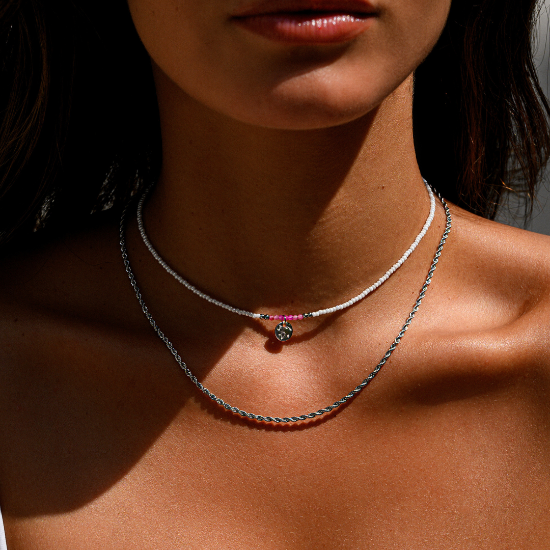 Bougainvillea Pink and White Seed Bead Necklace - Silver