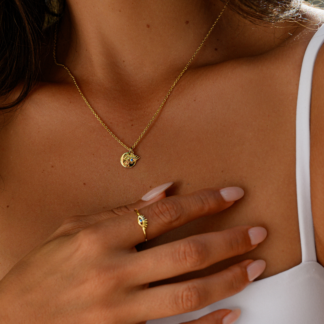 Evil Eye Coin Necklace - Gold Plated