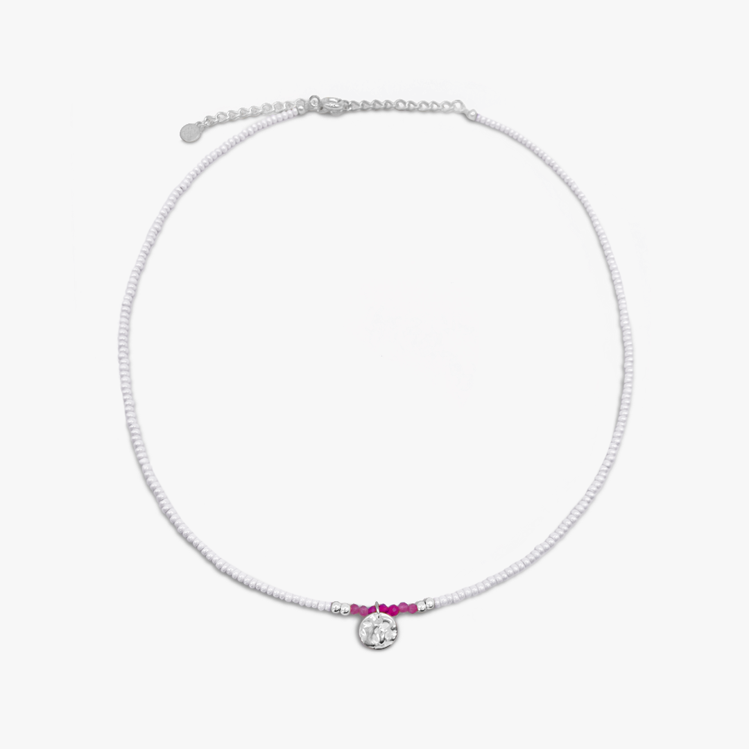 Bougainvillea Pink and White Seed Bead Necklace - Silver