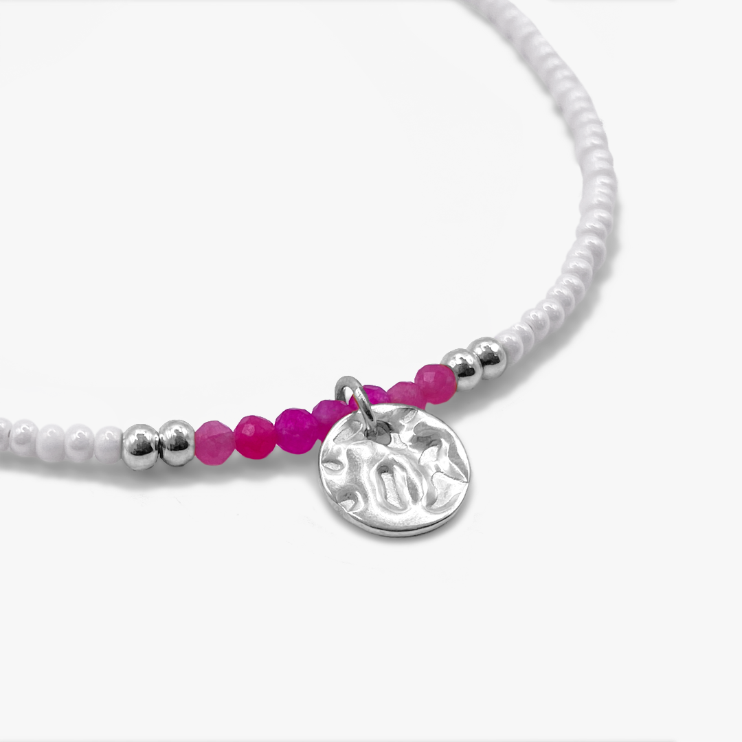 Bougainvillea Pink and White Seed Bead Necklace - Silver