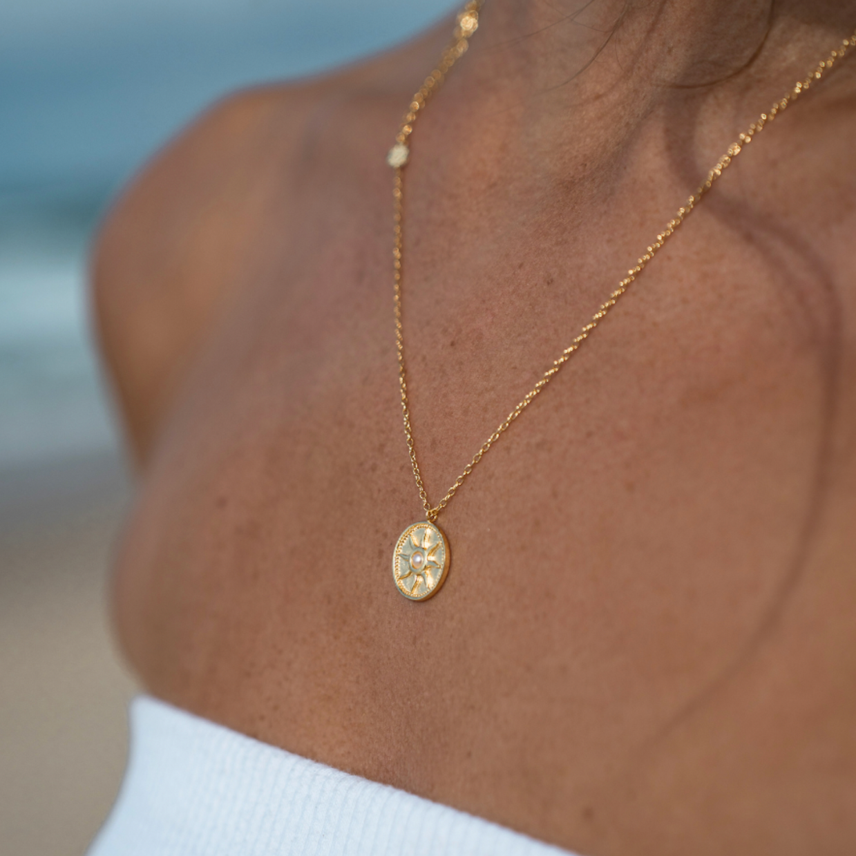 Gold & Pearl Sun Coin Necklace