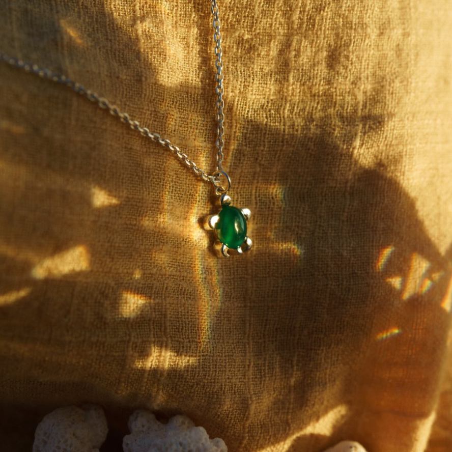 May Birthstone Sea Turtle Necklace - Genuine Green Agate