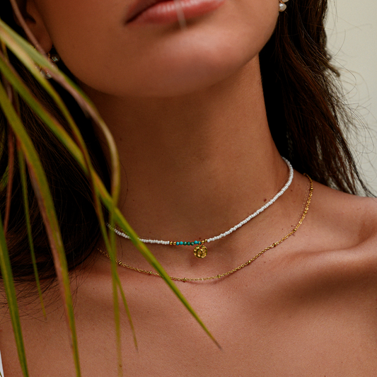 Formentera Turquoise and White Seed Bead Necklace - Gold Plated