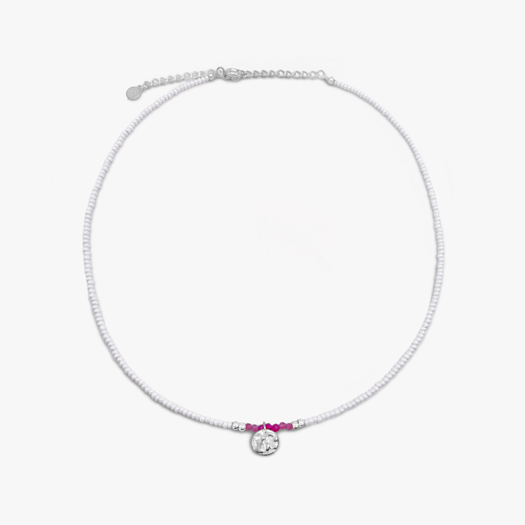 Bougainvillea Rosa och Vit Seed Bead Halsband - Silver