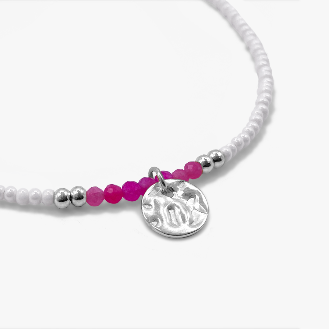 Bougainvillea Rosa och Vit Seed Bead Halsband - Silver