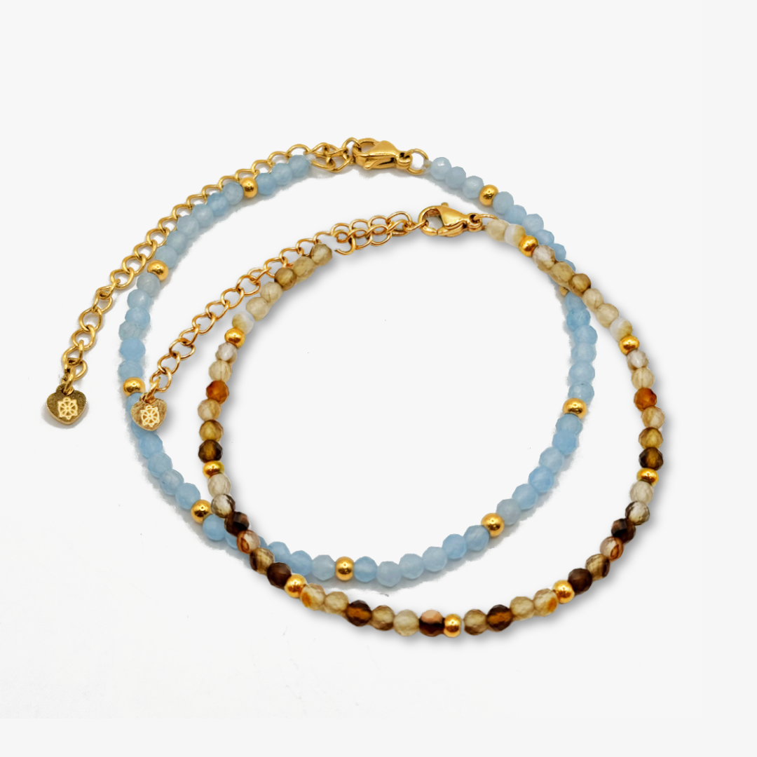 Rome Aquamarine and Brown Agate Beaded Bracelet Set
