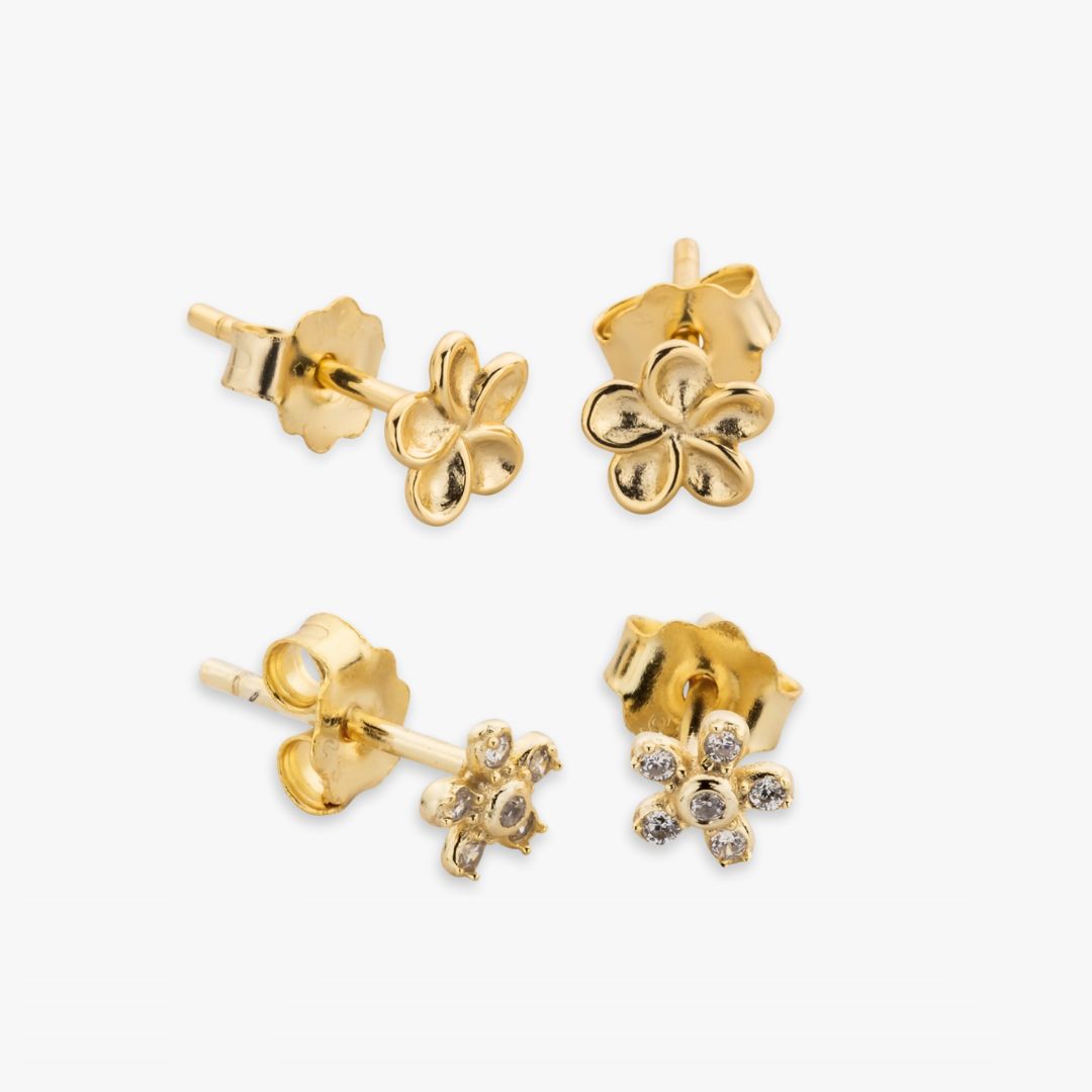 Dainty Flower Stud Earring Set - Gold Plating