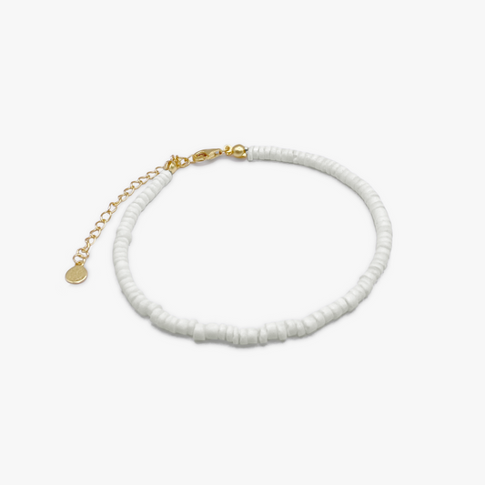 White Puka Shell Beaded Bracelet with Gold Chain